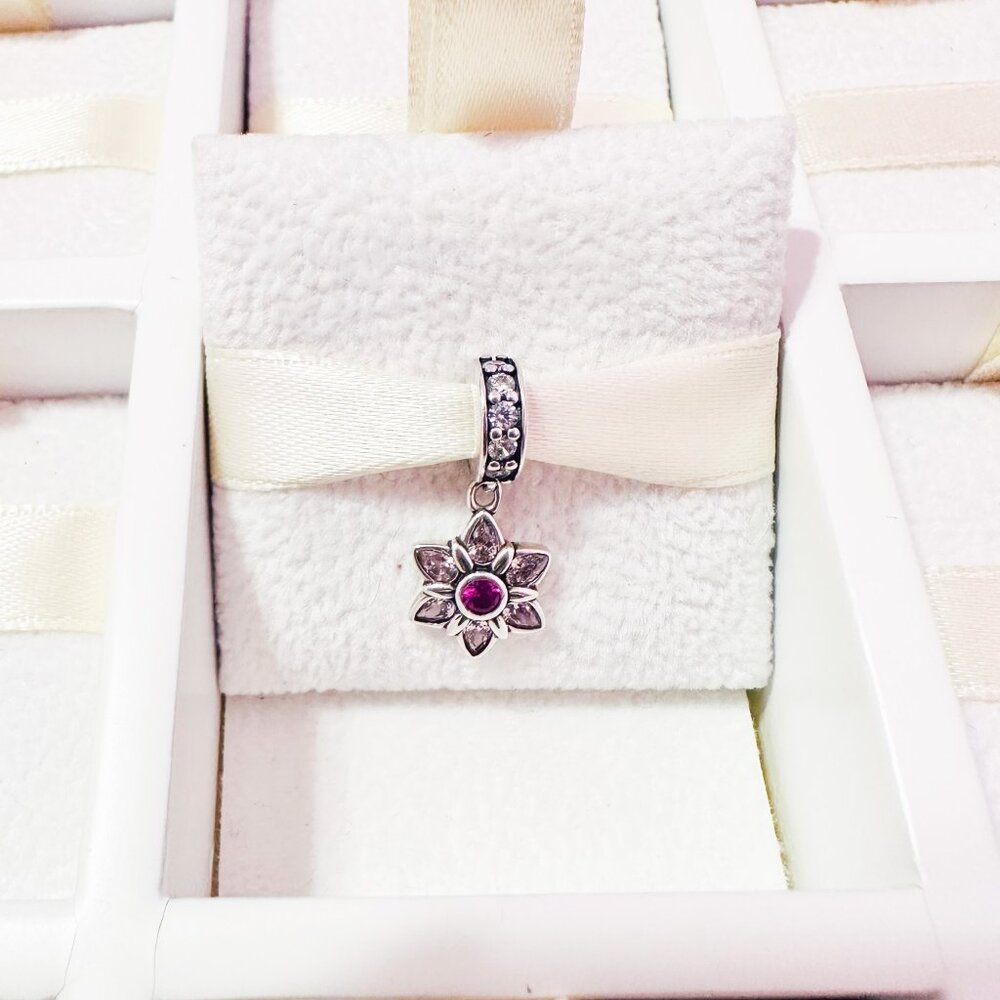 925 Sterling Silver Pink Flower Dangle Charm Fits Pandora Bracelets And Bangles